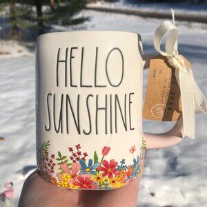 NWT Rae Dunn "Hello Sunshine" Mug w/ Flowers Pink Handle and Interior